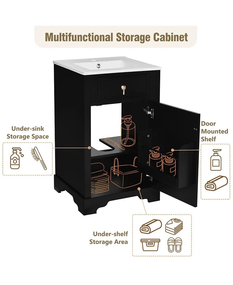 Casainc 20-Inch Bathroom Vanity with Ceramic Sink, Soft Close Door, Adjustable Shelf & Door Storage Rack for Small Baths