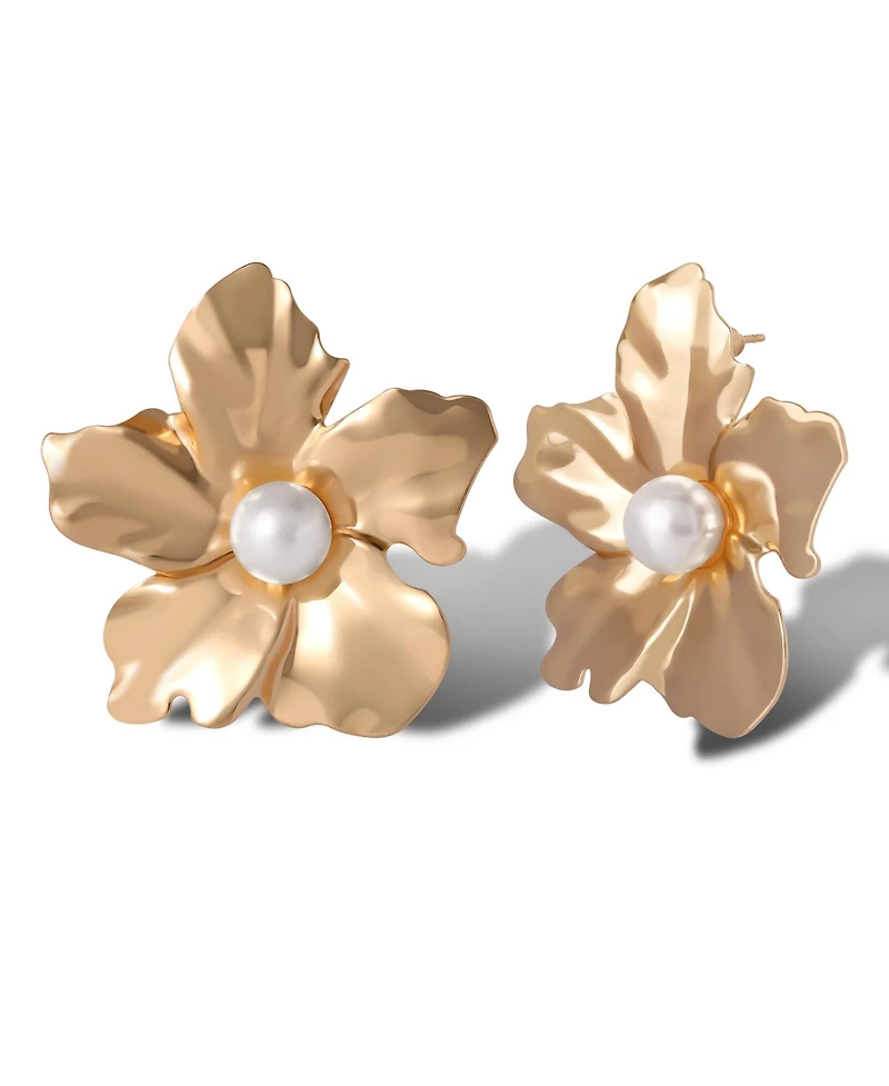 Jessica Simpson Statement Flower Earrings with Pearl Center in Gold-Tone