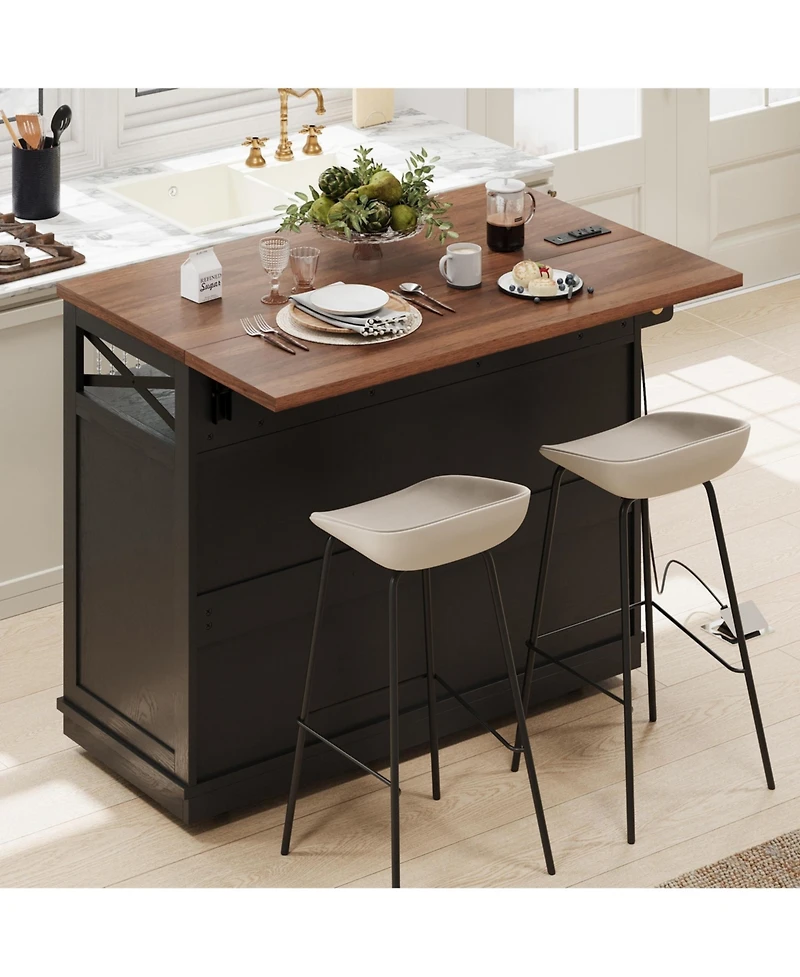 Casainc 46.5" Rolling Kitchen Cart with Drop Leaf, Power Outlet, Beaded Trim, Ample Storage