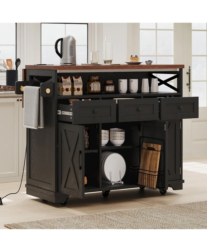 Casainc 46.5" Rolling Kitchen Cart with Drop Leaf, Power Outlet, Beaded Trim, Ample Storage