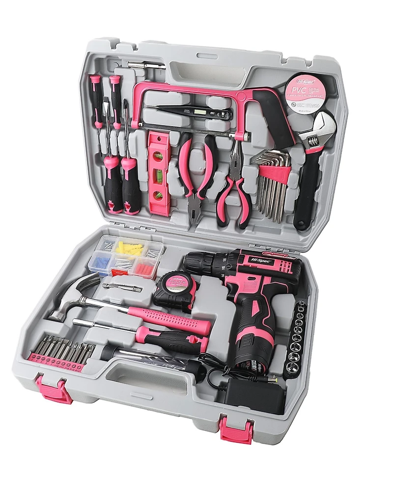 121-Piece Home Tool Set with 12V Cordless Drill – Pink and Black Diy Kit with Storage Case