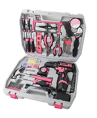 121-Piece Home Tool Set with 12V Cordless Drill – Pink and Black Diy Kit with Storage Case