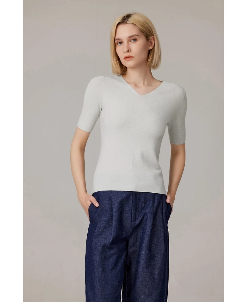 Jennie Liu Women's Merino Wool Lurex Sweater | Shimmer Fine gauge V-Neck Short Sleeve Top Machine Washable Pullover