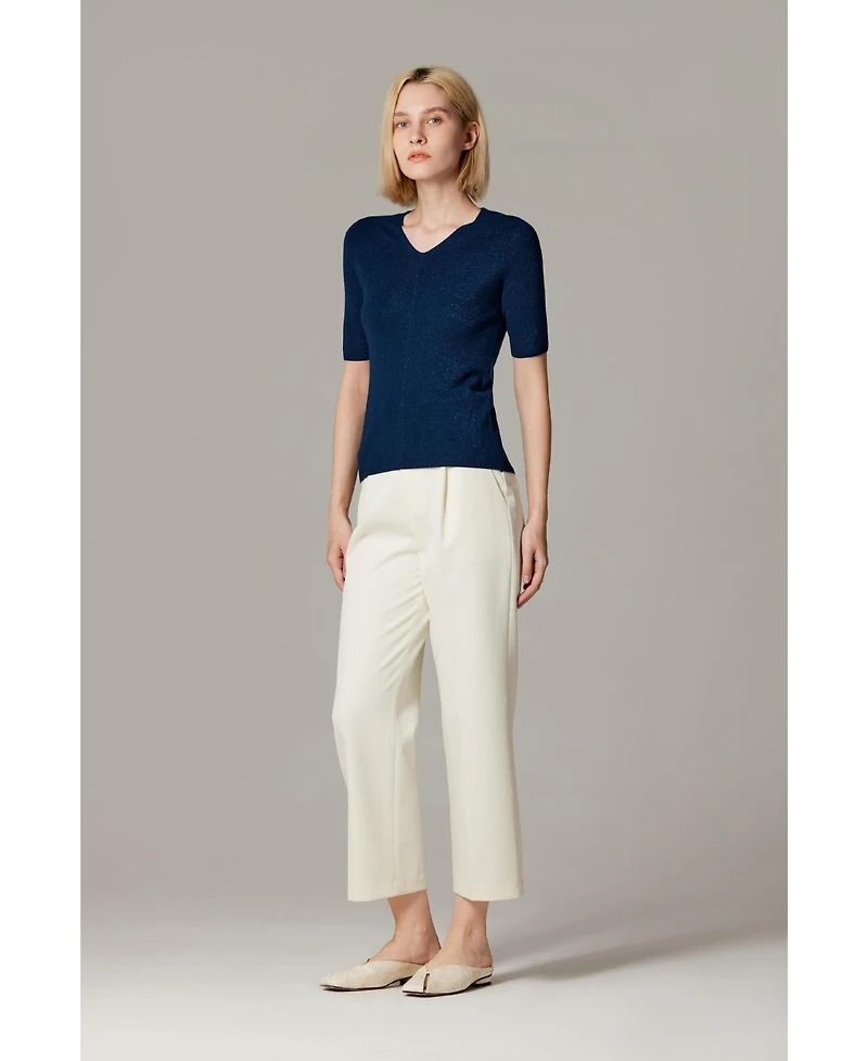 Jennie Liu Women's Merino Wool Lurex Sweater | Shimmer Fine gauge V-Neck Short Sleeve Top Machine Washable Pullover