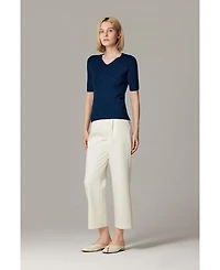 Jennie Liu Women's Merino Wool Lurex Sweater | Shimmer Fine gauge V-Neck Short Sleeve Top Machine Washable Pullover