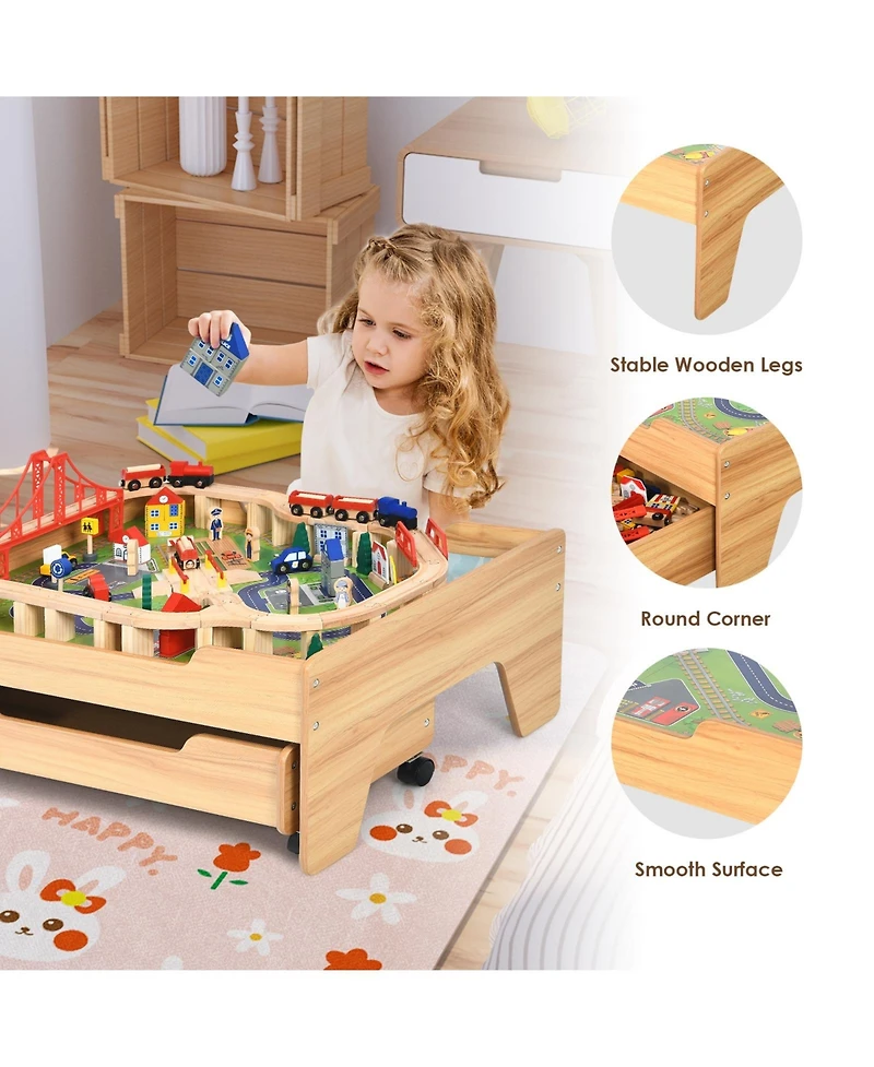 Mecale Children's Wooden Railway Set Table with 100 Pieces Storage Drawers