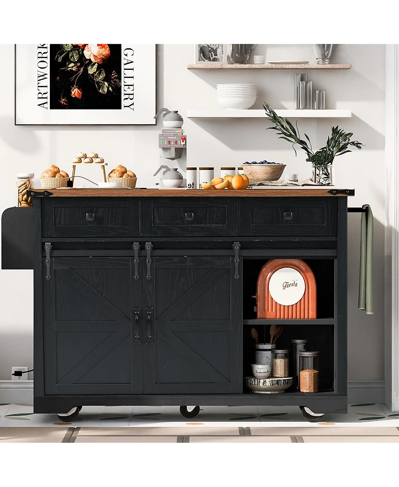 Casainc 53.7" Rolling Kitchen Cart with Barn Doors, Drop Leaf, Power Outlet and Spice Rack (No Stools)