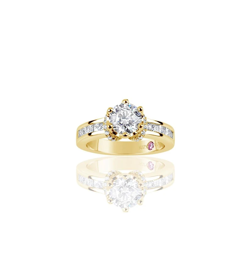 Suzy Levian Golden Sterling Silver Round Cut Cubic Zirconia Crown Setting Ring with Channel Set Band