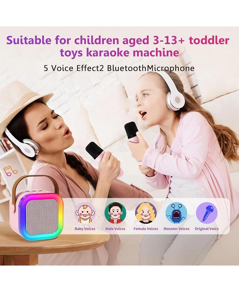 Zealsound Mini Karaoke Machine for Kids, Portable Bluetooth Speaker with 2 Wireless Mics, Led Lights, Gift for Girls & Boys, Ages 3-12+ (Pink)