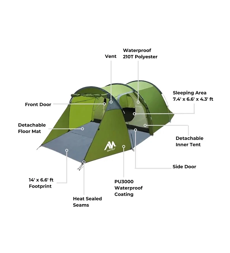 Ayamaya TrekPort Tunnel Camping Tent – 2–4 Person 3-Season Waterproof Shelter with Sleeping Room, Vestibule, Mesh Doors & Side Access for Camping