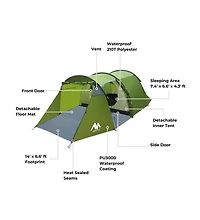 Ayamaya TrekPort Tunnel Camping Tent – 2–4 Person 3-Season Waterproof Shelter with Sleeping Room, Vestibule, Mesh Doors & Side Access for Camping