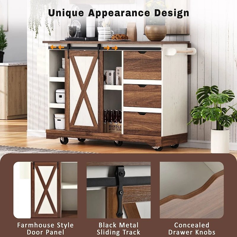 Casainc 55.5" Kitchen Storage Island With Drop Leaf, Barn Door, Power Outlet, Spice Rack (No Stools)