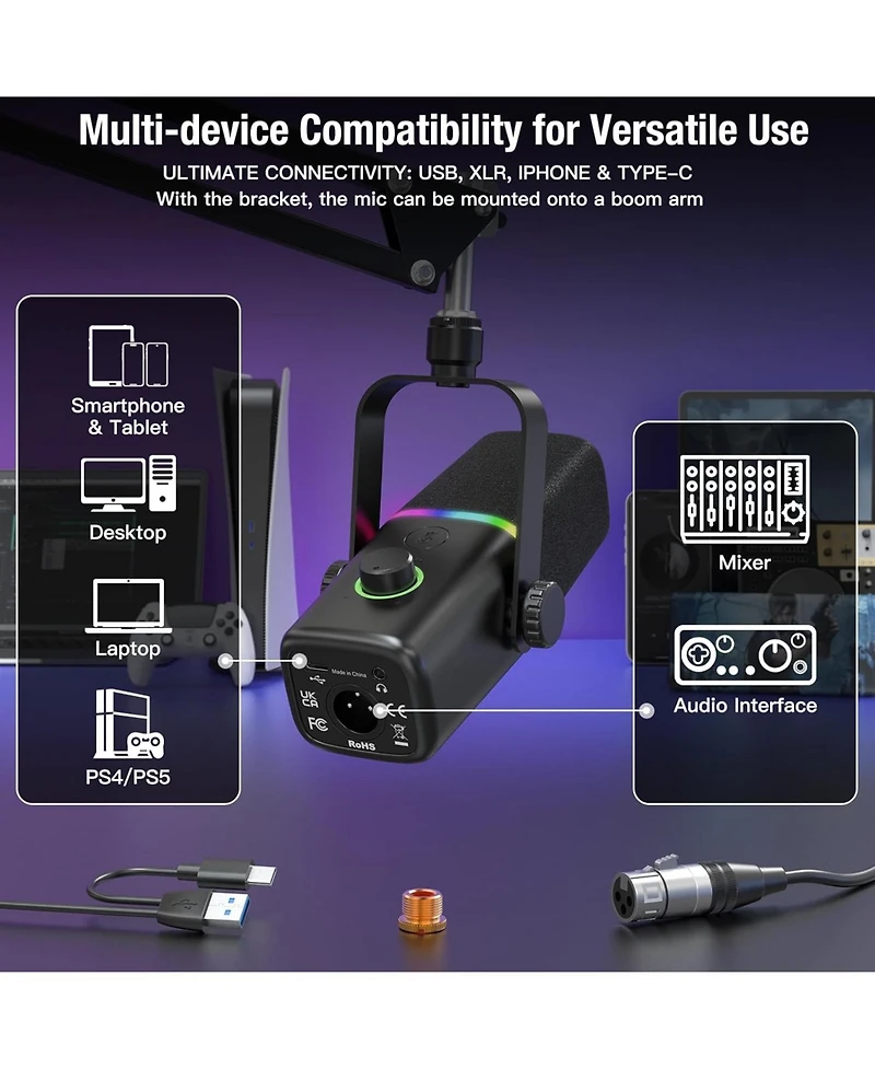 Zealsound Xlr/Usb Dynamic Mic for Gaming & Podcast, Rgb Light, Mute, Mic Gain, Headphones Jack, Desktop Stand for iPhone, Pc, PS4/PS5, YouTube