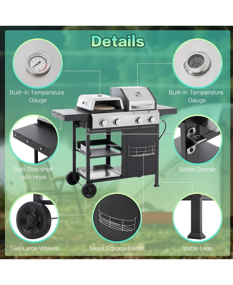 Mondawe 2+2 Multi-function 4-Burner 49,200 Btu Gas Grill with Cover and wheels