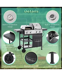 Mondawe 2+2 Multi-function 4-Burner 49,200 Btu Gas Grill with Cover and wheels