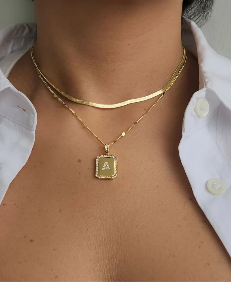 Adornia Gold Pave Tag Pendant and Herringbone Chain Initial Necklace Set