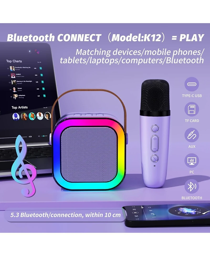 Zealsound Mini Karaoke Machine for Kids, Bluetooth Speaker with 2 Wireless Mics, Led Lights, Fun Birthday Gift for Girls & Boys, Ages 3-12+ (Purple)