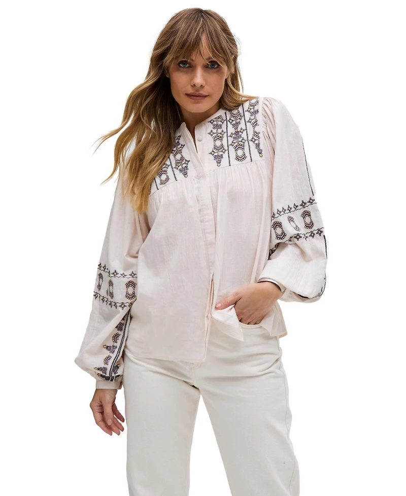 Raffya Women's Demi Embroidered Ballon Sleeve Shirt