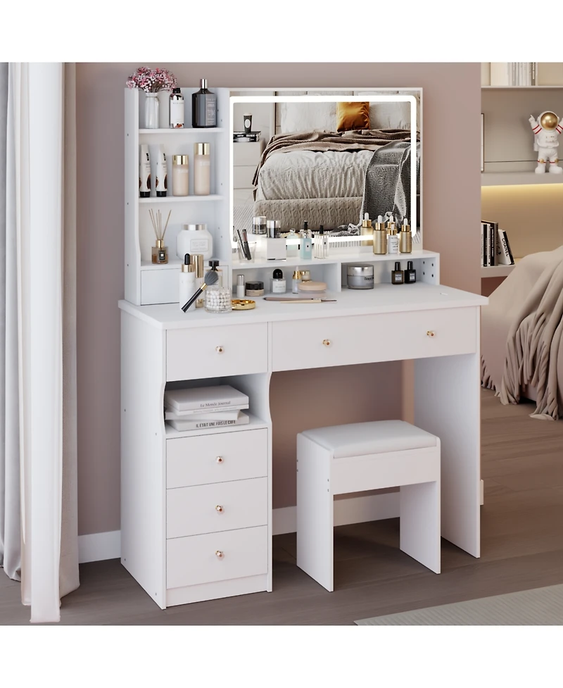 Streamdale Furniture 41" Led Vanity Table with Stool & Large Storage