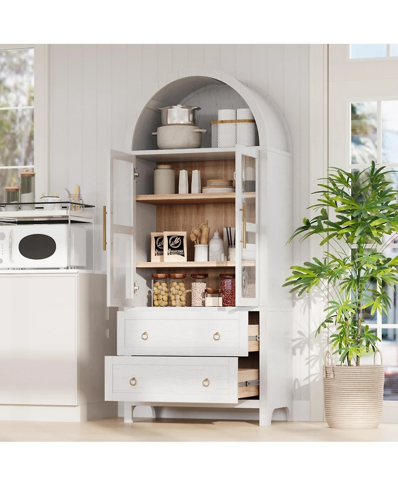 Casainc 71" Tall Arched Kitchen Pantry Cabinet with Glass Doors, Adjustable Shelves & 2 Large Drawers