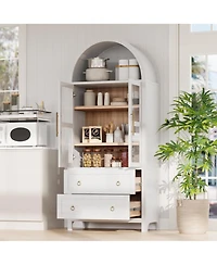 Casainc 71" Tall Arched Kitchen Pantry Cabinet with Glass Doors, Adjustable Shelves & 2 Large Drawers