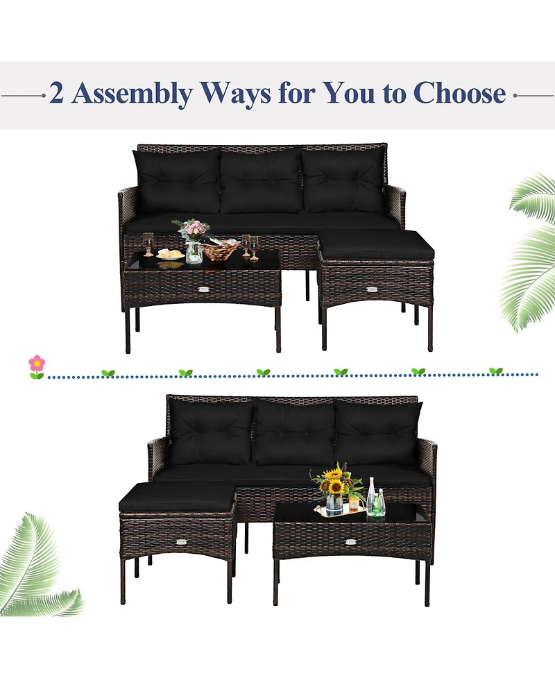 Gymax Set of 3 3-Seat Sofa Cushioned Table Rattan Furniture Garden Patio
