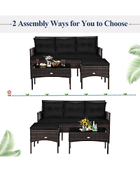 Gymax Set of 3 3-Seat Sofa Cushioned Table Rattan Furniture Garden Patio