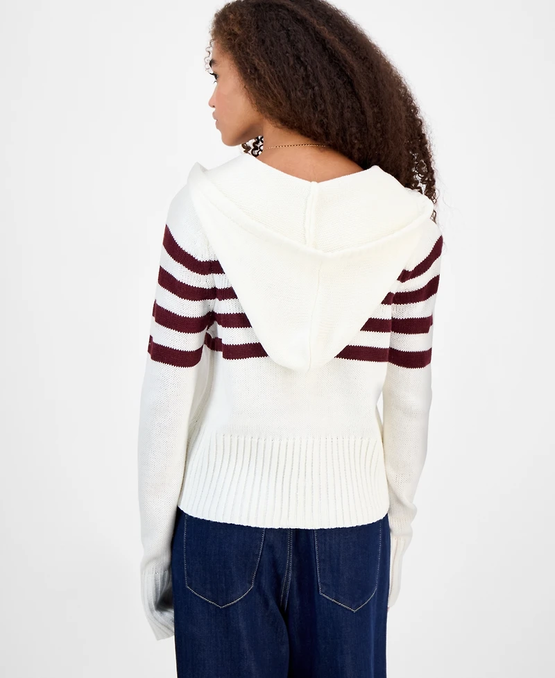 Hooked Up by Iot Juniors' Striped Hooded Zippered Sweater