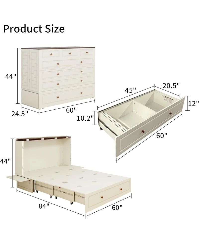 livelylodge Murphy Bed Cabinet, Queen Murphy Bed with Usb and Charging Ports, with Drawer Includes Storage Cabinet, Queen Suit for Guest Room, White C