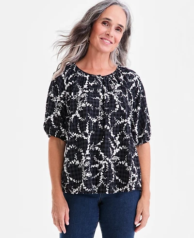 Style & Co Women's Printed Seersucker Split Neck Top, Macy's Exclusive
