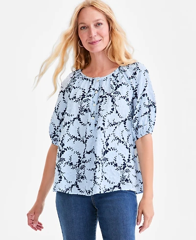 Style & Co Women's Printed Seersucker Split Neck Top, Macy's Exclusive