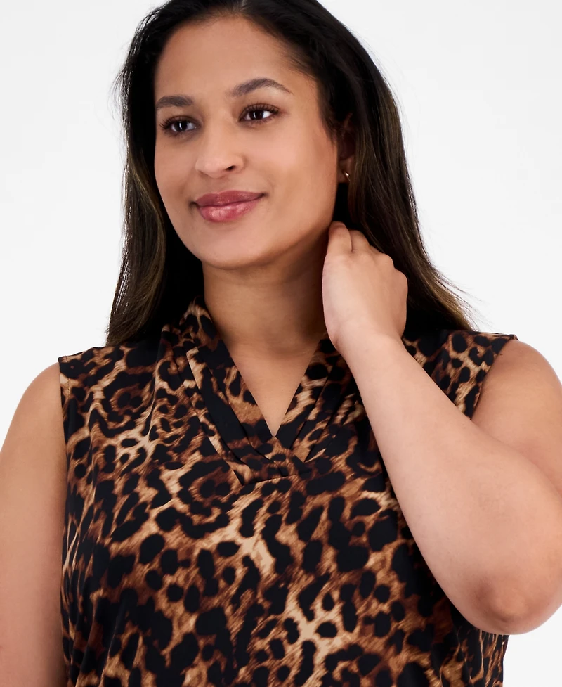 Anne Klein Plus Printed Pleated V-Neck Sleeveless Blouse