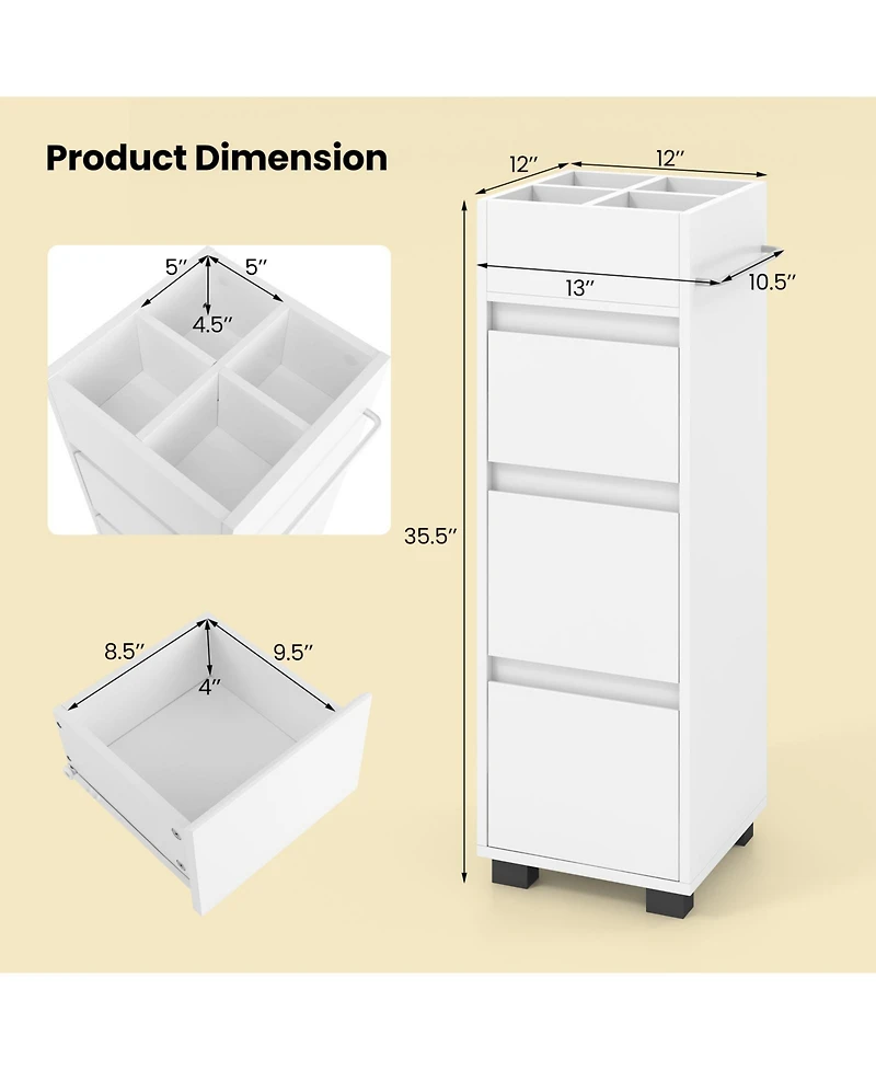 Volenca Bathroom Floor Cabinet with 3 Drawers, 4 Top Dividers and 1 Towel Rack