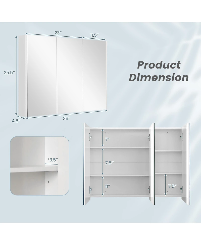 Volenca Frameless Bathroom Wall Mounted Mirror Cabinet with 3 Doors and Adjustable Shelves