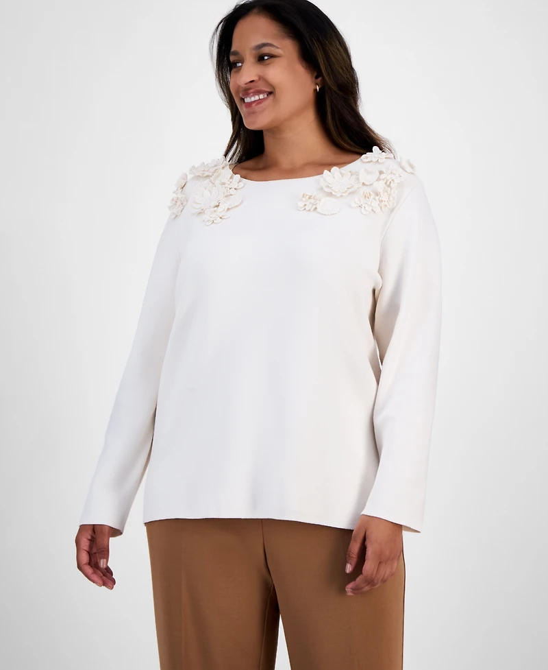 Anne Klein Plus Size Floral-Embellished Boat-Neck Sweater