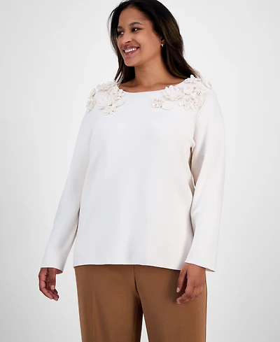 Anne Klein Plus Size Floral-Embellished Boat-Neck Sweater