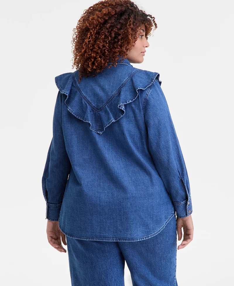 On 34th Trendy Plus Ruffle-Front Long-Sleeve Denim Shirt, Macy's Exclusive