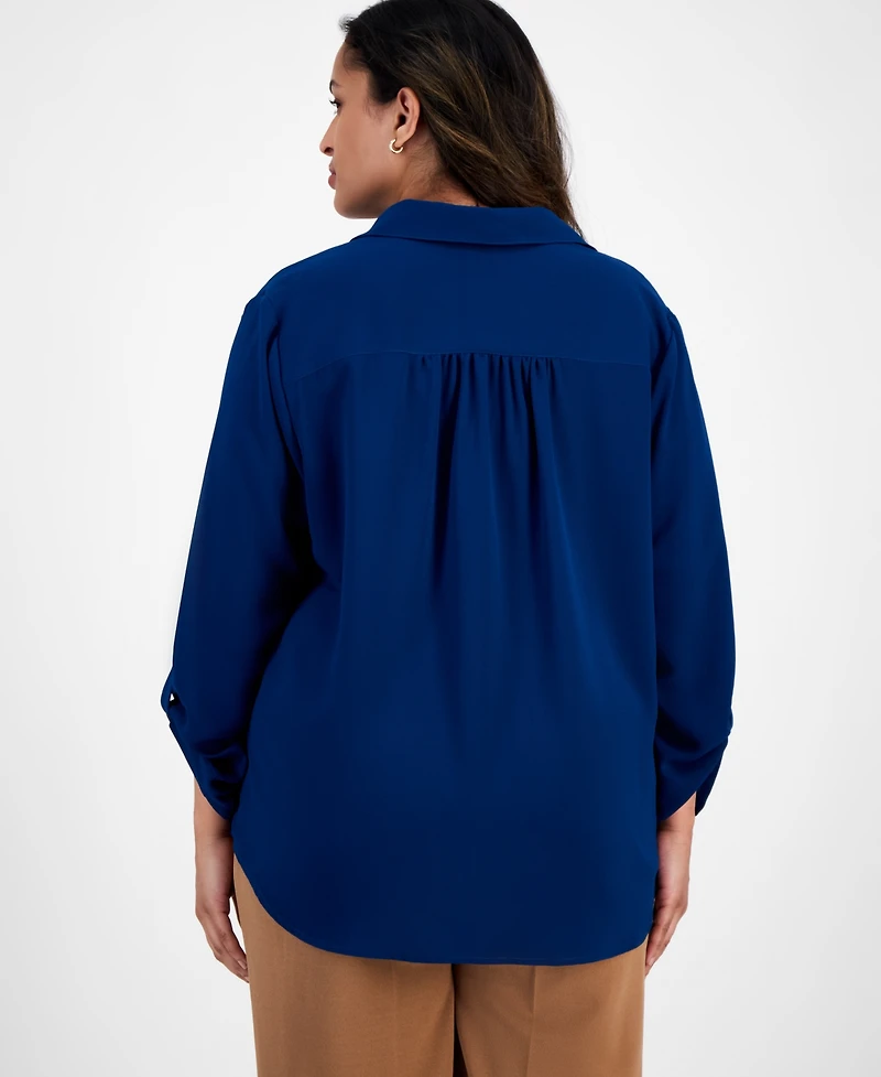 Ak Anne Klein Plus Collared V-Neck Roll-Tab-Sleeves