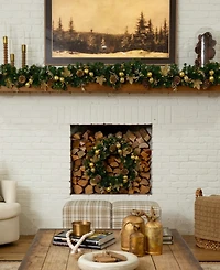 Nearly Natural 9" Pre-Lit Artificial Golden Frosted Christmas Garland Led Lights Pinecones and Ornaments
