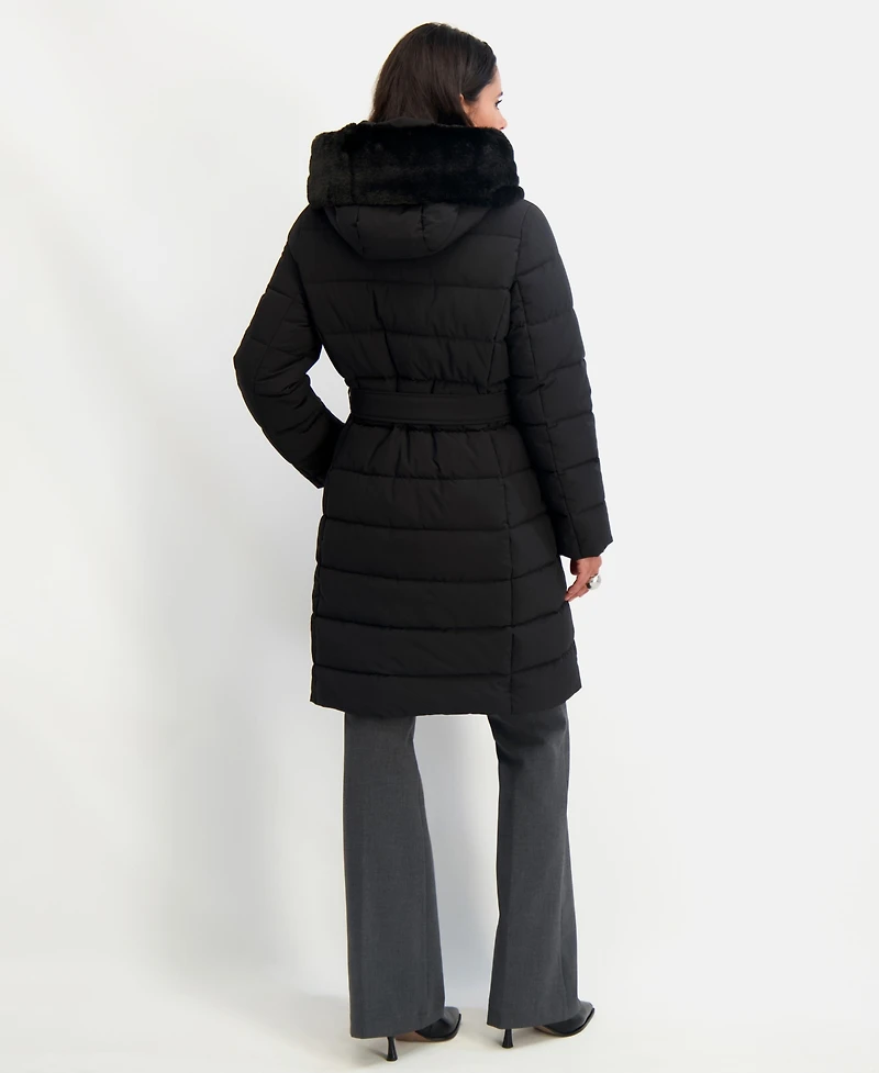 Tahari Women's Faux-Fur-Trim Hooded Belted Puffer Coat