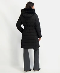 Tahari Women's Faux-Fur-Trim Hooded Belted Puffer Coat