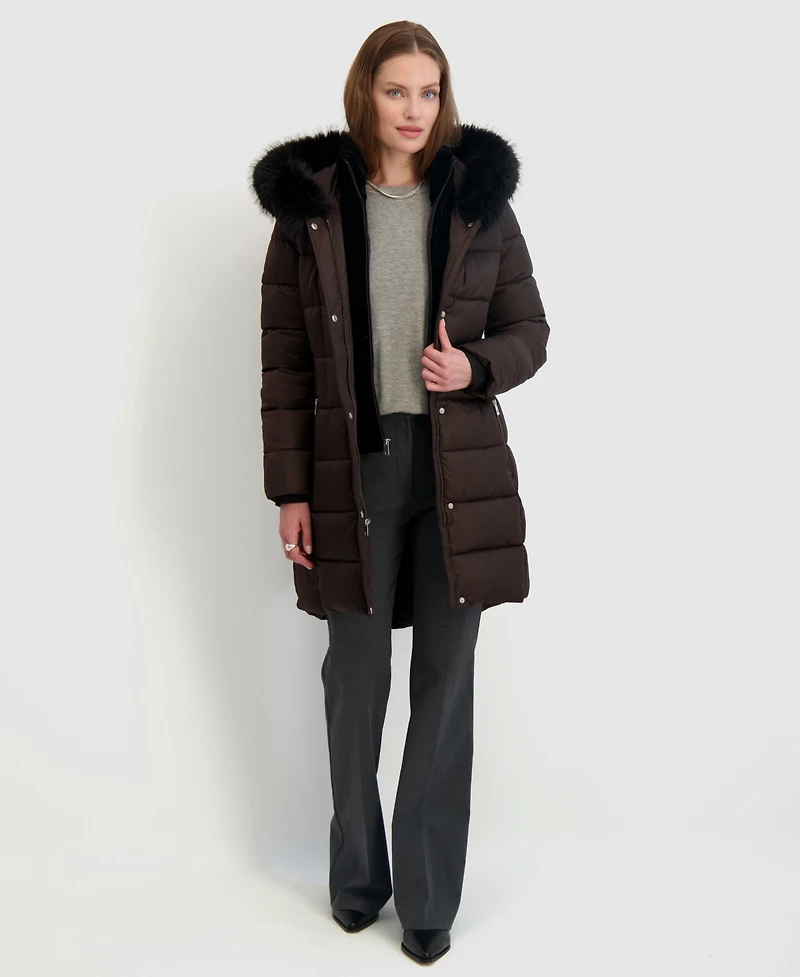 Tahari Womens Velvet Bibbed Faux-Fur Hooded Puffer Coat