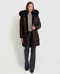 Tahari Womens Velvet Bibbed Faux-Fur Hooded Puffer Coat