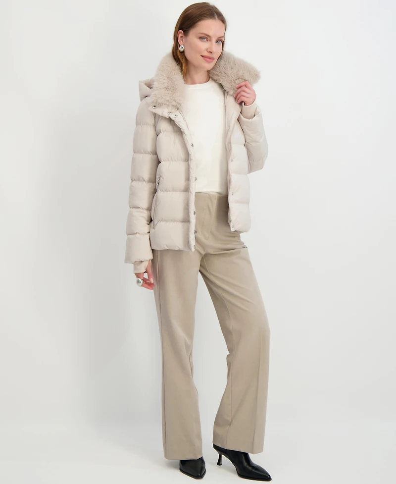 Tahari Women's Faux-Fur-Collar Hooded Puffer Coat