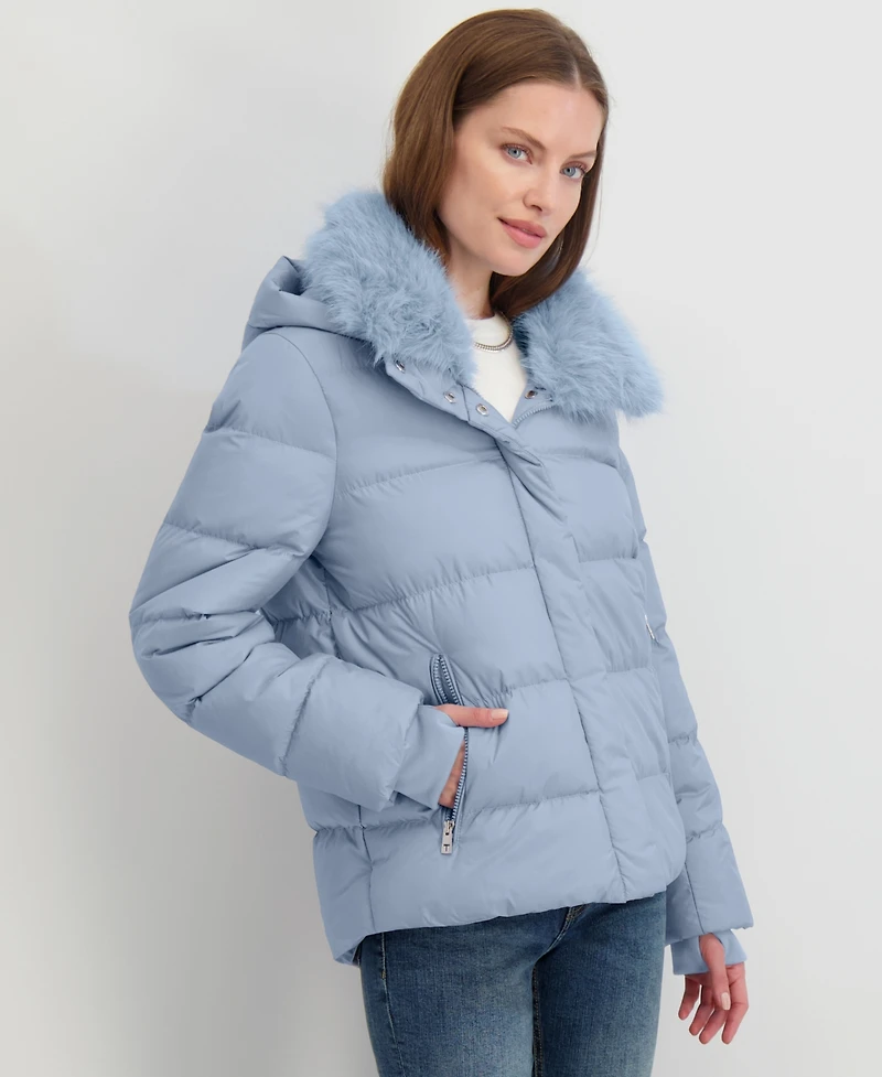 Tahari Women's Faux-Fur-Collar Hooded Puffer Coat