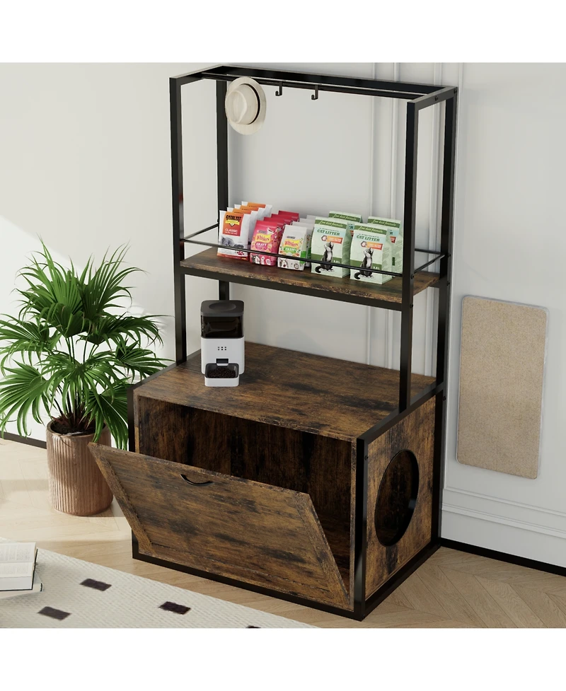 Streamdale Furniture 55" Litter Box Enclosure with Storage & Clothes Rack - Rustic Brown
