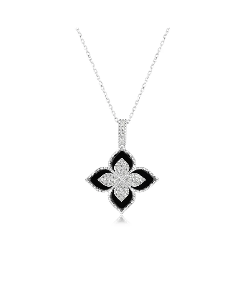 Suzy Levian New York Sterling Silver Black Enamel White Cubic Zirconia Pave Flower Clover Pendant