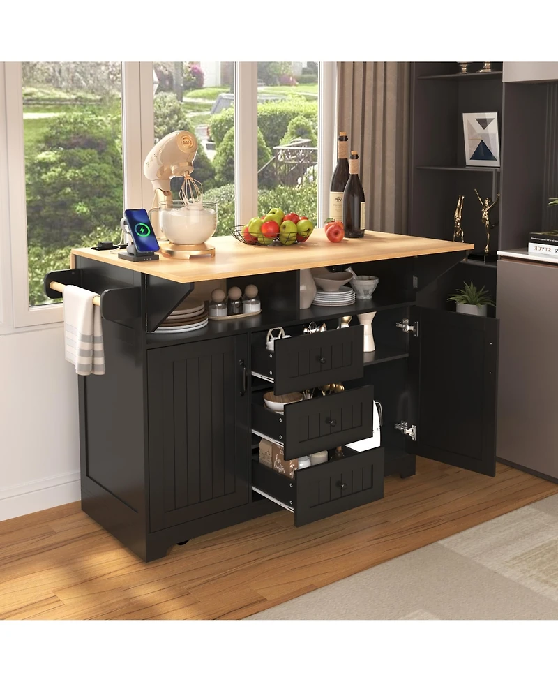 Casainc 55.7" Large Kitchen Island with 2 Drop Leafs, Rolling Cart, Power Outlet, Folding Dining Table, Spice Rack, No Stools