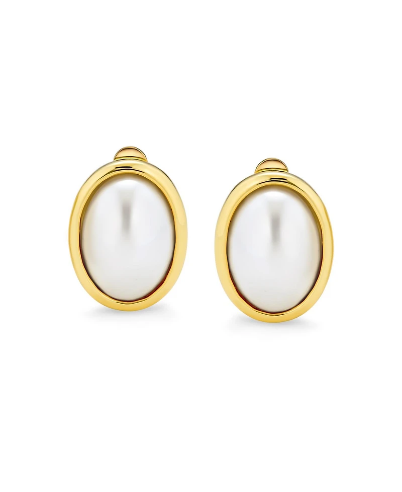 Bling Jewelry Set of 2 Simple White Pearl Cabochon Oval Clip-On Earrings Silver Gold Plated