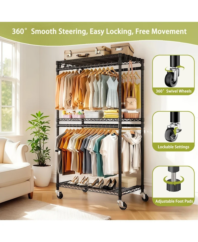 Streamdale Furniture Heavy Duty Rolling Clothes Rack with Shelves & Hooks